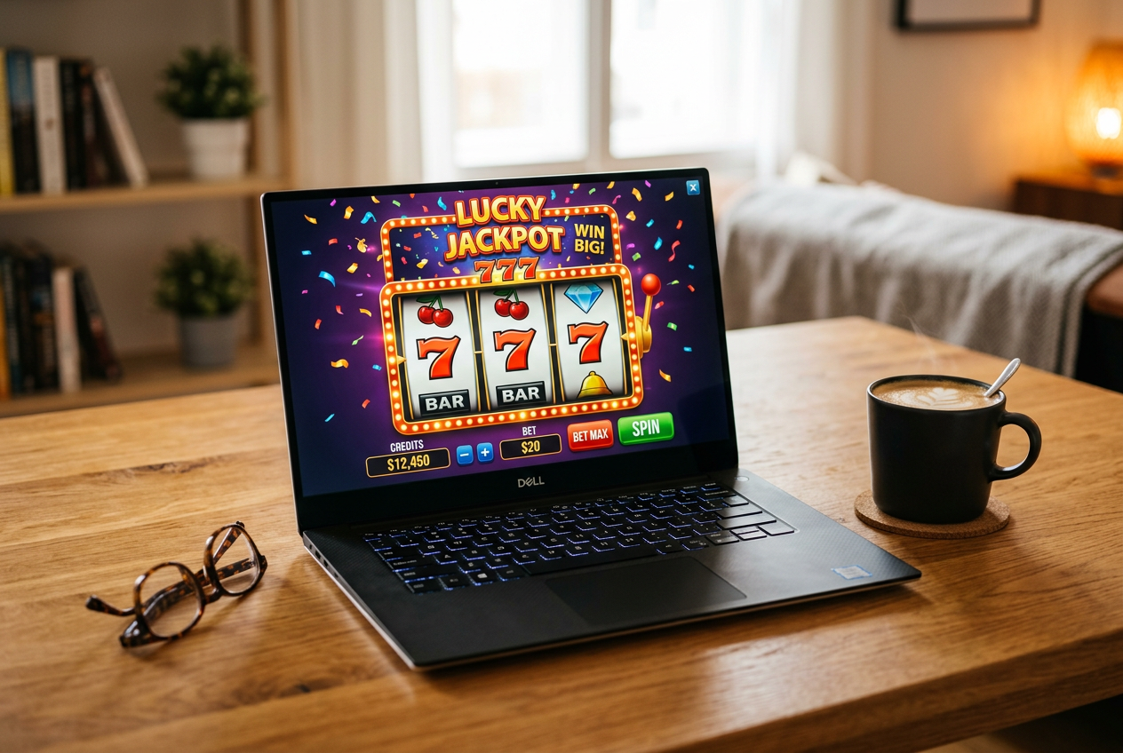Modern laptop showing a digital slot machine interface