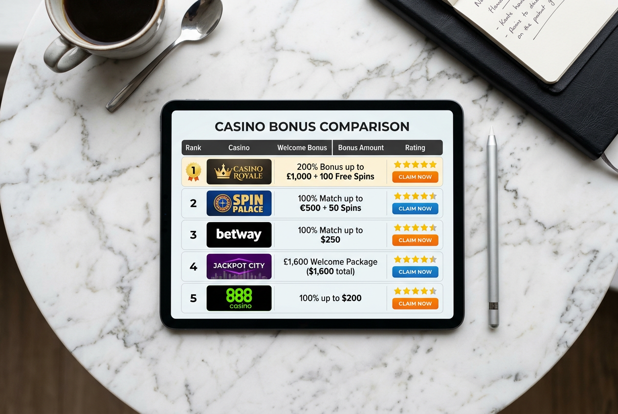 A digital tablet showing a comparison table of casino bonuses.